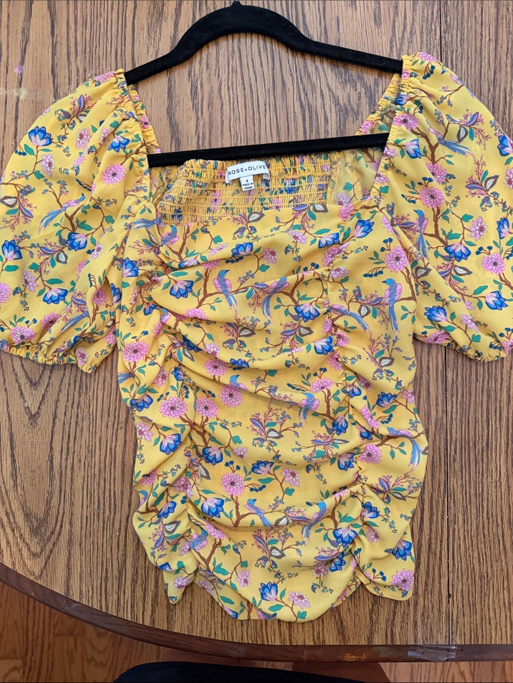 Birds in paradise Rose & Olive Yellow Floral Puff-Sleeve Ruched Square-Neck Top